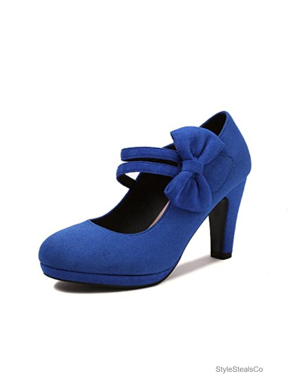 Vegan Suede Mary Jane Heels with Bow Retro Closed Toe Pumps Block Heel